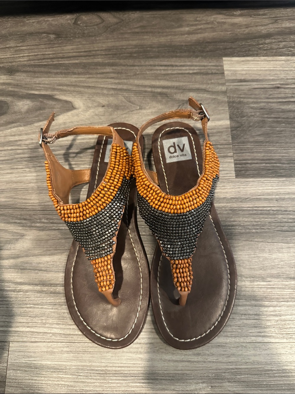 DV by Dolce Vita Tan and Black Beaded T-Strap Sandals